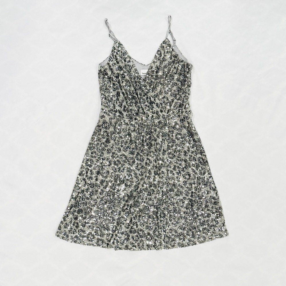 NWT HEARTLOOM Rue Spaghetti Strap Silver Sequin Leopard Dress